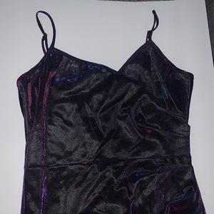 Shear mesh blue iridescent midi thigh cami dress